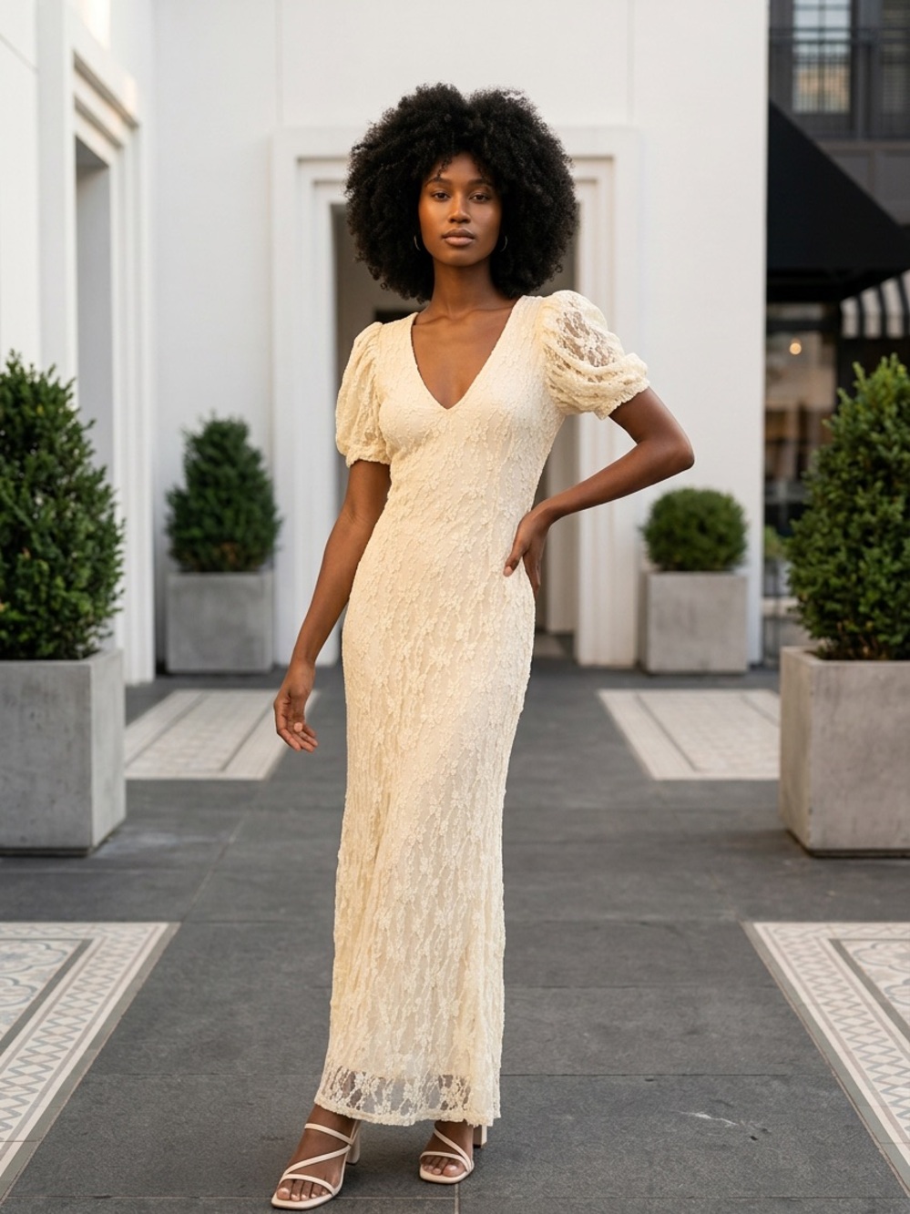 Astr Cream Lace V-Neck Maxi Dress with Puff Sleeves - Picture 3 of 3